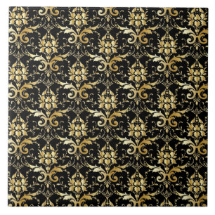 Eleganter Black and Gold Damask Fliese