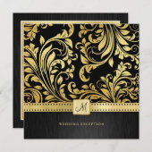 Eleganter Black and Gold Floral Damask Empfang Einladung (Vorne/Hinten)