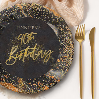 Eleganter Black and Gold Glitzer 40. Geburtstag Pa Pappteller