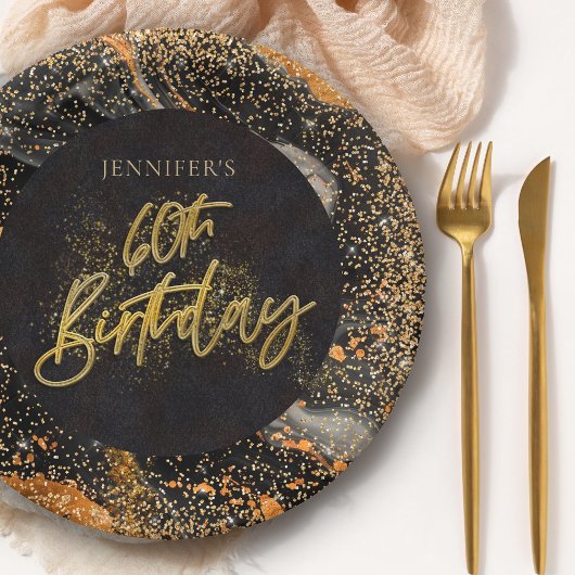 Eleganter Black and Gold Glitzer 60. Geburtstagspa Pappteller