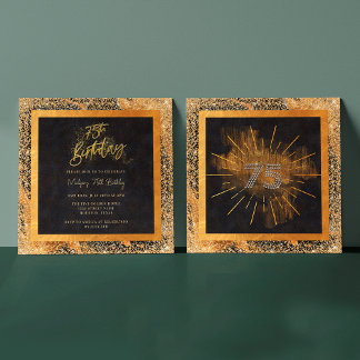 Eleganter Black and Gold Glitzer 75. Geburtstagspa Einladung