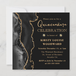 Eleganter Black and Gold Glitzer Agate Quinceanera Einladung