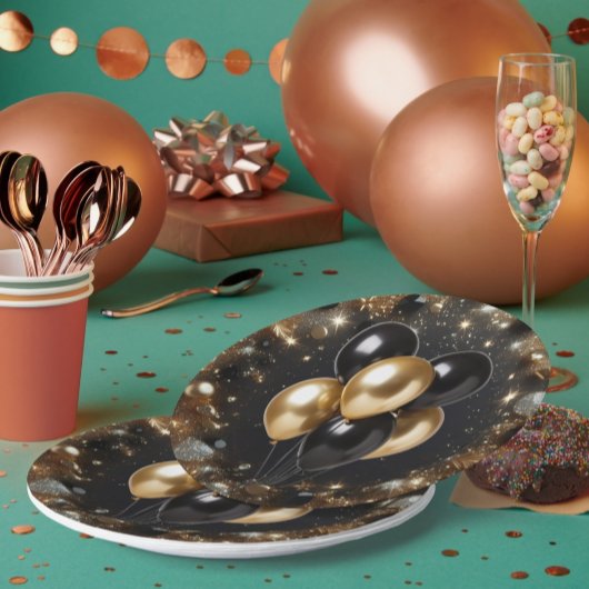 Eleganter Black and Gold Glitzer Balloon Geburtsta Pappteller