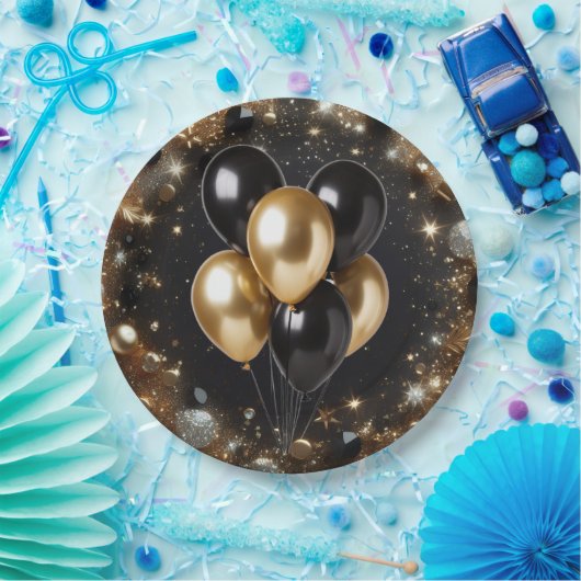 Eleganter Black and Gold Glitzer Balloon Geburtsta Pappteller (Party)