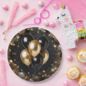 Eleganter Black and Gold Glitzer Balloon Geburtsta Pappteller (Party)