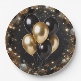 Eleganter Black and Gold Glitzer Balloon Geburtsta Pappteller