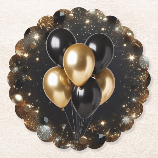 Eleganter Black and Gold Glitzer Balloon Geburtsta Untersetzer (Vorderseite)