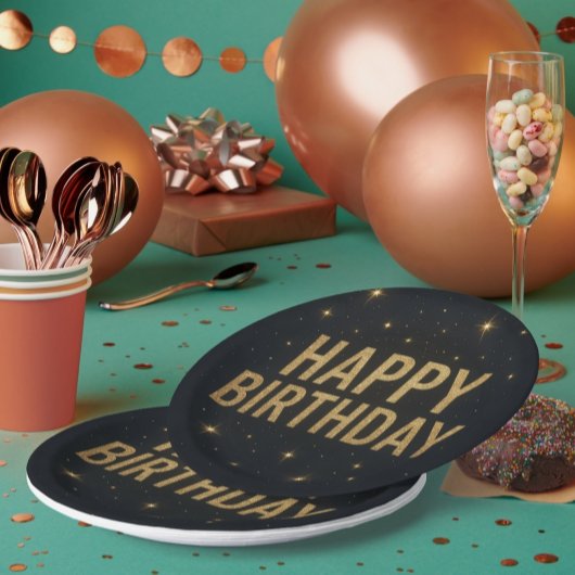 Eleganter Black and Gold Glitzer Happy Birthday Pappteller