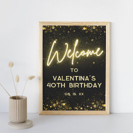Eleganter Black and Gold Glitzer Neon Glow Willkom Poster