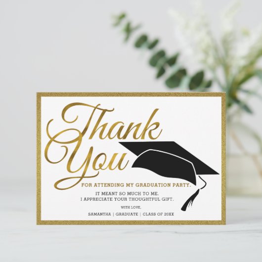 Eleganter Black and Gold Graduate Foto Abschluss Dankeskarte (Stehend Vorderseite)