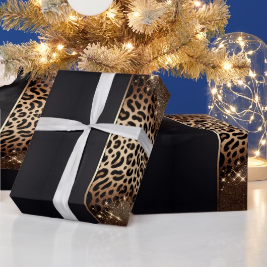 Eleganter Black and Gold Leopard Glitzer Geschenkpapier (Feiertage)