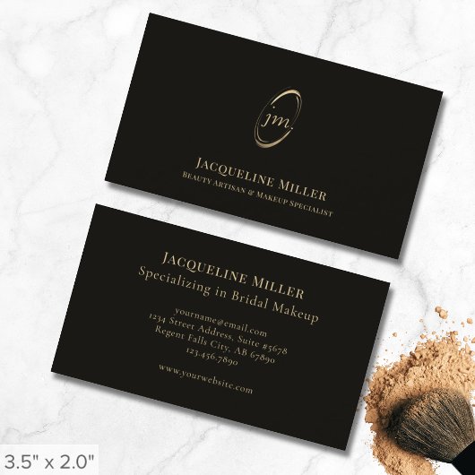 Eleganter Black and Gold Monogram Makeup Artist Visitenkarte