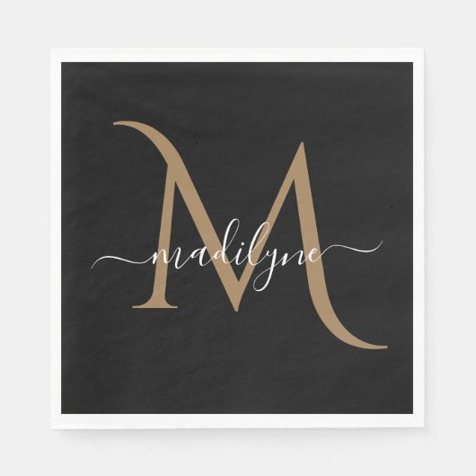 Eleganter Black and Gold Monogram Script Name Napk Serviette (Vorderseite)