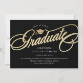 Eleganter Black and Gold Script Foto Abschluss Einladung (Vorderseite)