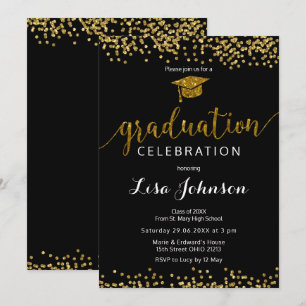 Eleganter Black and Gold Sparkle Glitzer Abschluss Einladung