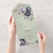 Eleganter Black and Lavender Floral on Sage QR Cod All In One Einladung (Abreißen)