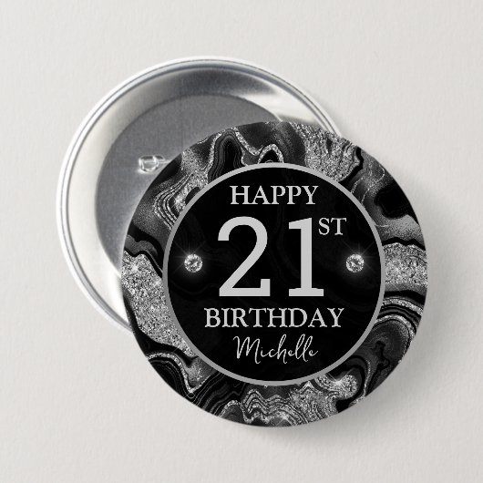 Eleganter Black and Silver Glitzer Agate Birthday Button (Vorne & Hinten)