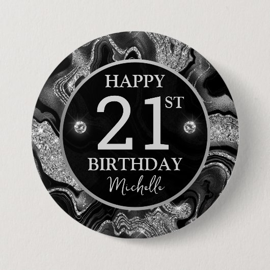 Eleganter Black and Silver Glitzer Agate Birthday Button (Vorderseite)