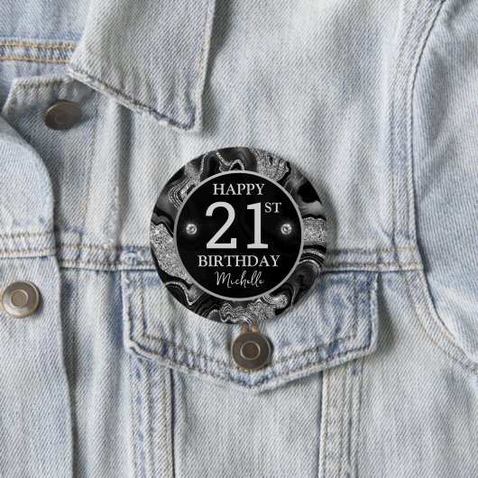 Eleganter Black and Silver Glitzer Agate Birthday Button (Beispiel)
