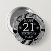 Eleganter Black and Silver Glitzer Agate Birthday Button (Vorne & Hinten)