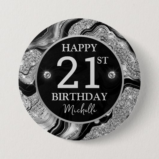 Eleganter Black and Silver Glitzer Agate Birthday Button (Vorderseite)