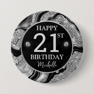 Eleganter Black and Silver Glitzer Agate Birthday Button
