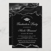 Eleganter Black and Silver Marble Agate Abschluss Einladung (Vorne/Hinten)