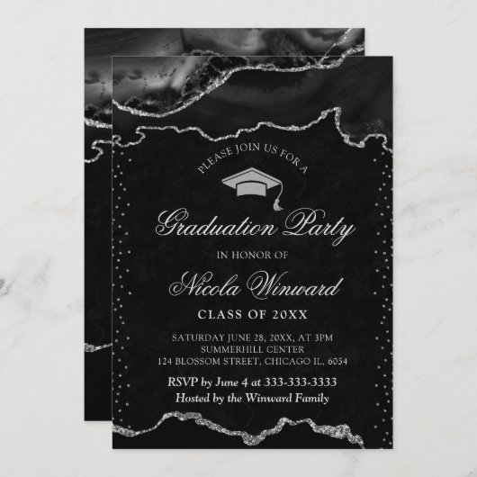 Eleganter Black and Silver Marble Agate Abschluss Einladung (Vorne/Hinten)