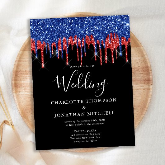 Eleganter Black Blue Glitzer Patriotic Wedding Einladungspostkarte