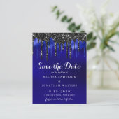 Eleganter Black Blue Glitzer Tropfen Save the Date Ankündigungspostkarte (Stehend Vorderseite)