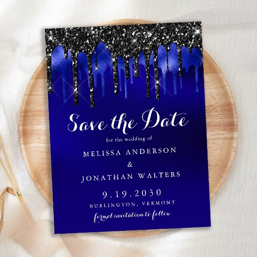 Eleganter Black Blue Glitzer Tropfen Save the Date Ankündigungspostkarte