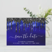 Eleganter Black Blue Glitzer Tropfen Save the Date Einladung (Stehend Vorderseite)