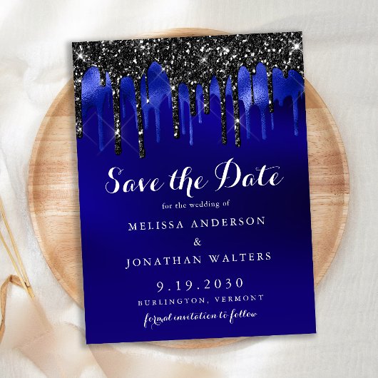 Eleganter Black Blue Glitzer Tropfen Save the Date Einladungspostkarte