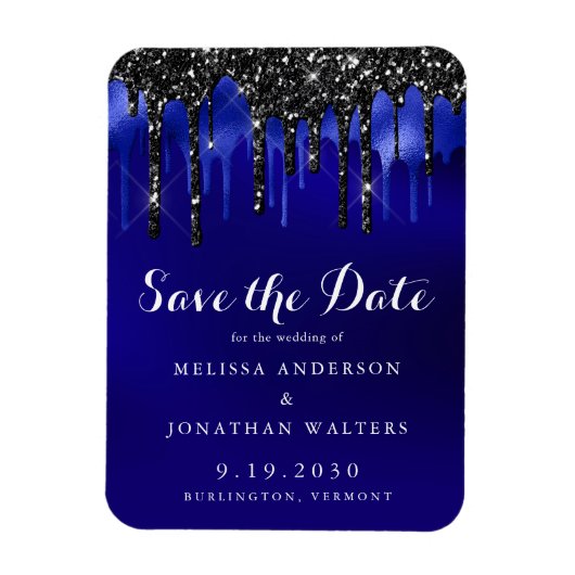Eleganter Black Blue Glitzer Tropfen Save the Date Magnet (Vertikal)