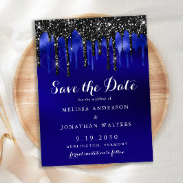 Eleganter Black Blue Glitzer Tropfen Save the Date Postkarte
