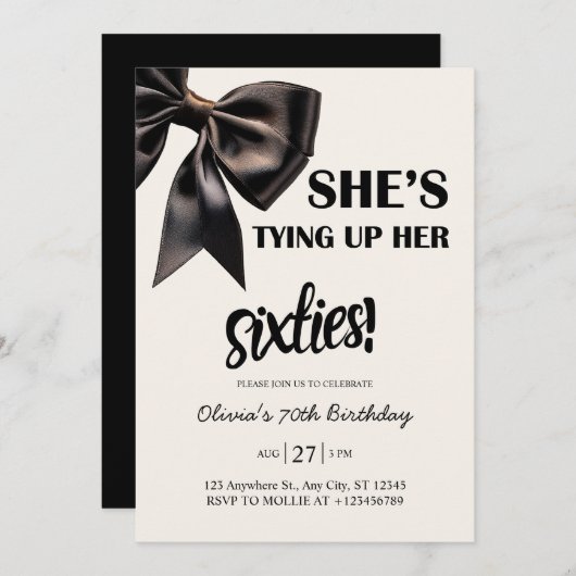 Eleganter Black Bow 70. Geburtstag Einladung (Vorne/Hinten)
