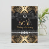 Eleganter Black Bow & Damask Gold 50 Jahre Jubiläu Einladung (Stehend Vorderseite)