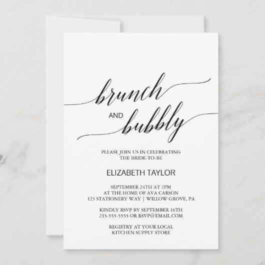 Eleganter Black Calligraphy Brunch und Bubbly Einladung (Vorderseite)