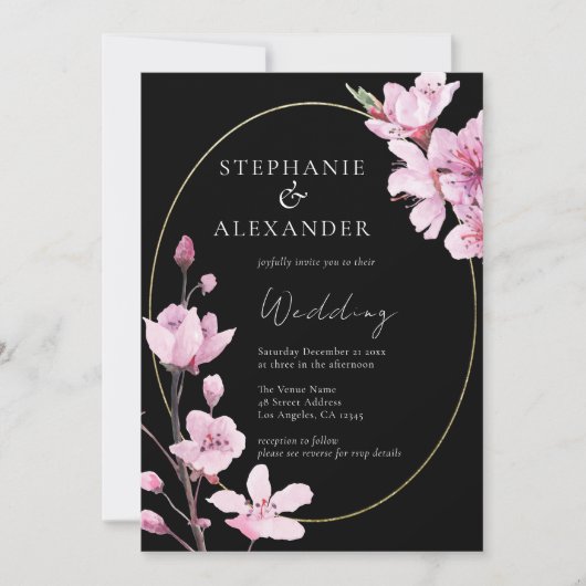 Eleganter Black Cherry Blossom QR Code Hochzeit Einladung (Vorderseite)