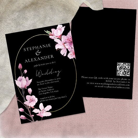 Eleganter Black Cherry Blossom QR Code Hochzeit Einladung