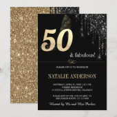 Eleganter Black Dripss Gold Glitzer 50. Einladung (Vorne/Hinten)
