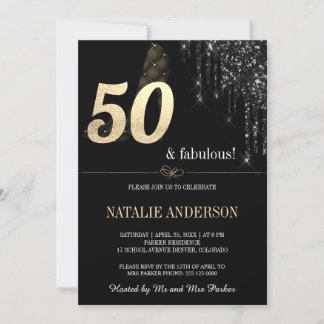 Eleganter Black Dripss Gold Glitzer 50. Einladung
