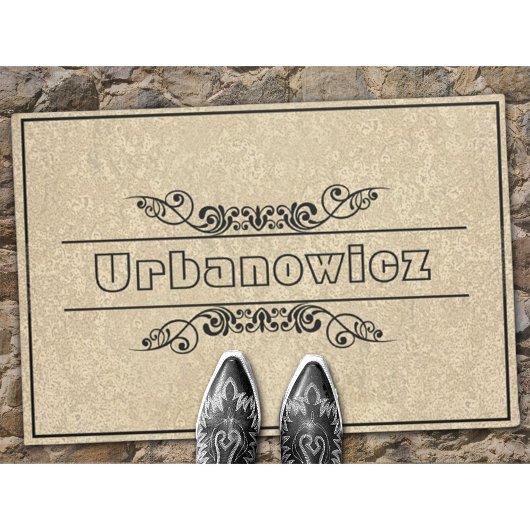 Eleganter Black Frame Schnörkel Individuelle Name Fußmatte