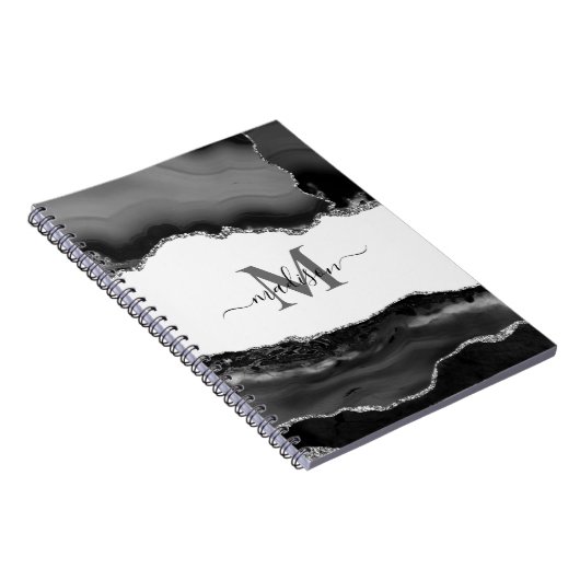 Eleganter Black Geode Agate Monogram Silver Glitze Notizblock (Rechte Seite)