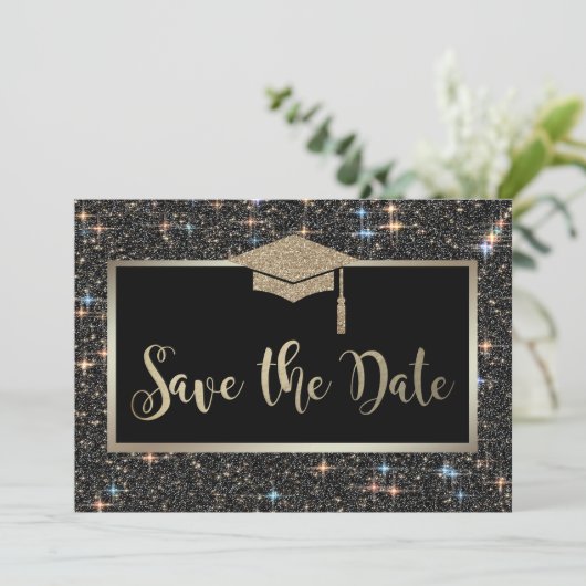 Eleganter Black Glitzer Abschluss Save the Date (Stehend Vorderseite)