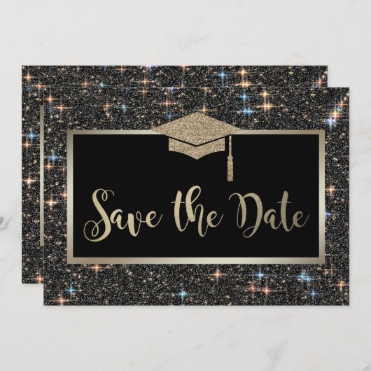 Eleganter Black Glitzer Abschluss Save the Date (Vorne/Hinten)