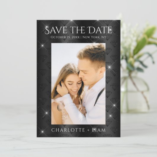 Eleganter Black Glitzer Diamond Foto Save the Date (Stehend Vorderseite)