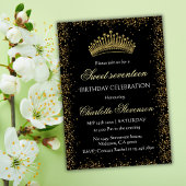 Eleganter Black Glitzer Gold Crown Sweet 17 Geburt Einladung