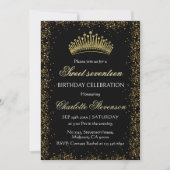Eleganter Black Glitzer Gold Crown Sweet 17 Geburt Einladung (Vorderseite)