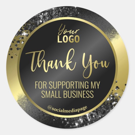 Eleganter Black Glitzer On Gold Foil Danke Logo Runder Aufkleber (Vorderseite)